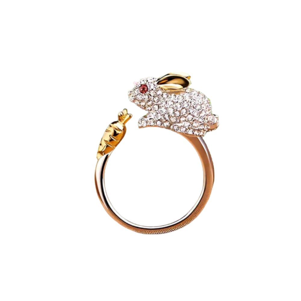 LEORA - Bague en argent ajustable avec lapin & carotte – ornée de cristaux scintillants