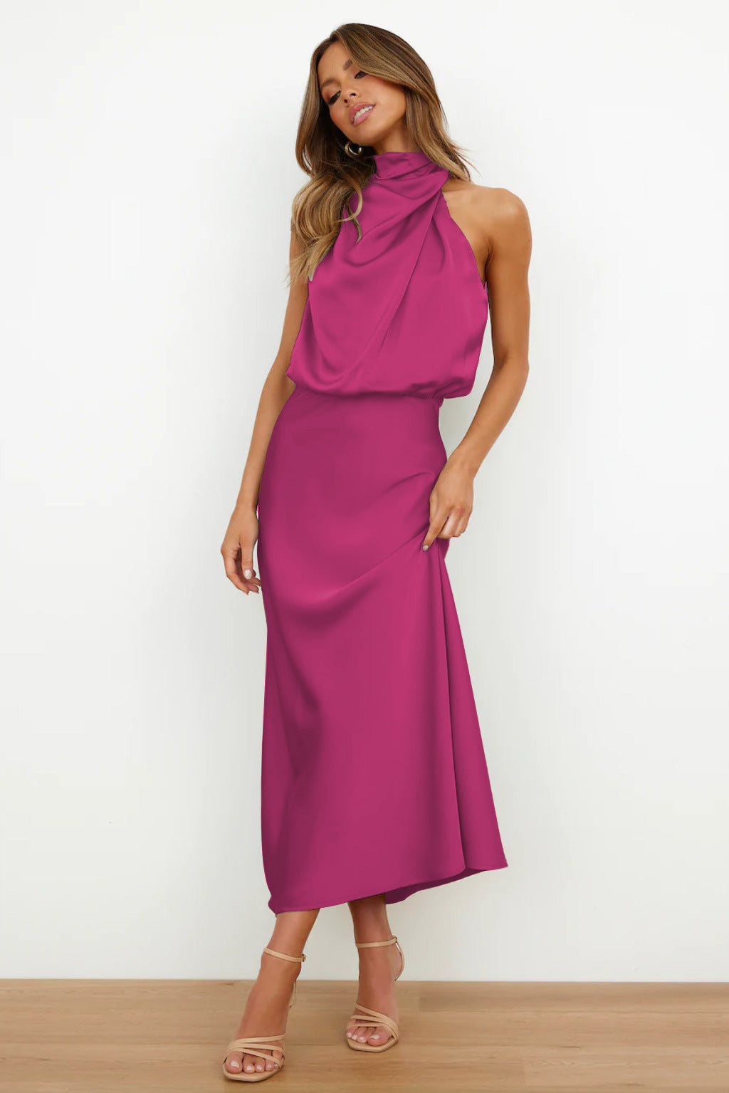 Carlina | Long Satin Dress with Halter Neckline