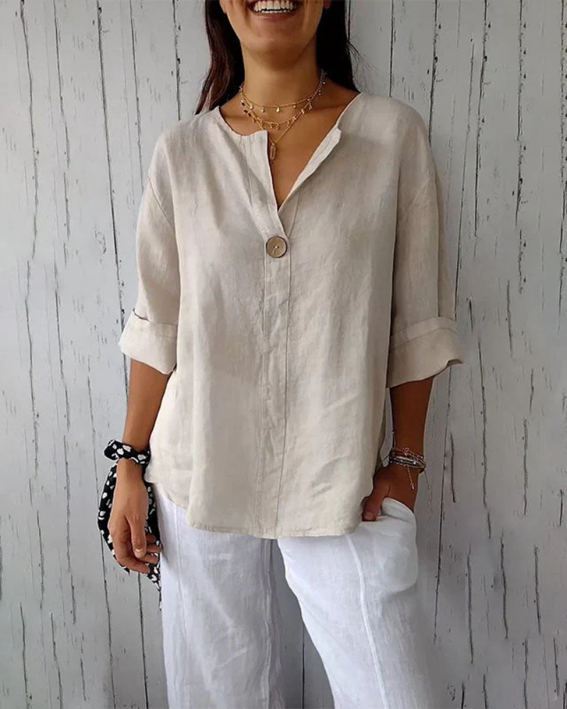 ARAI - Haut à col en V avec boutons en coton et lin