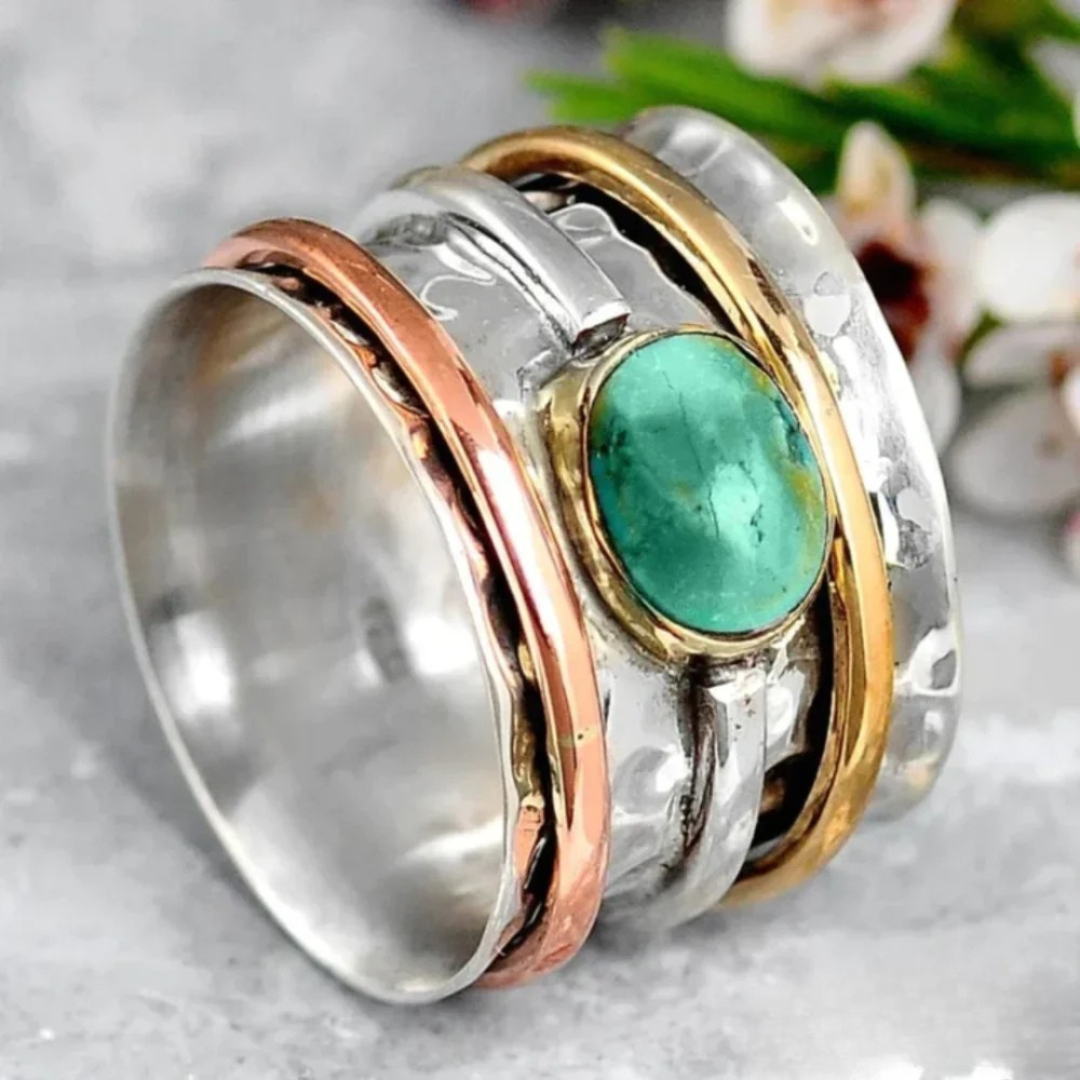 Bague vintage finition or et argent avec turquoise