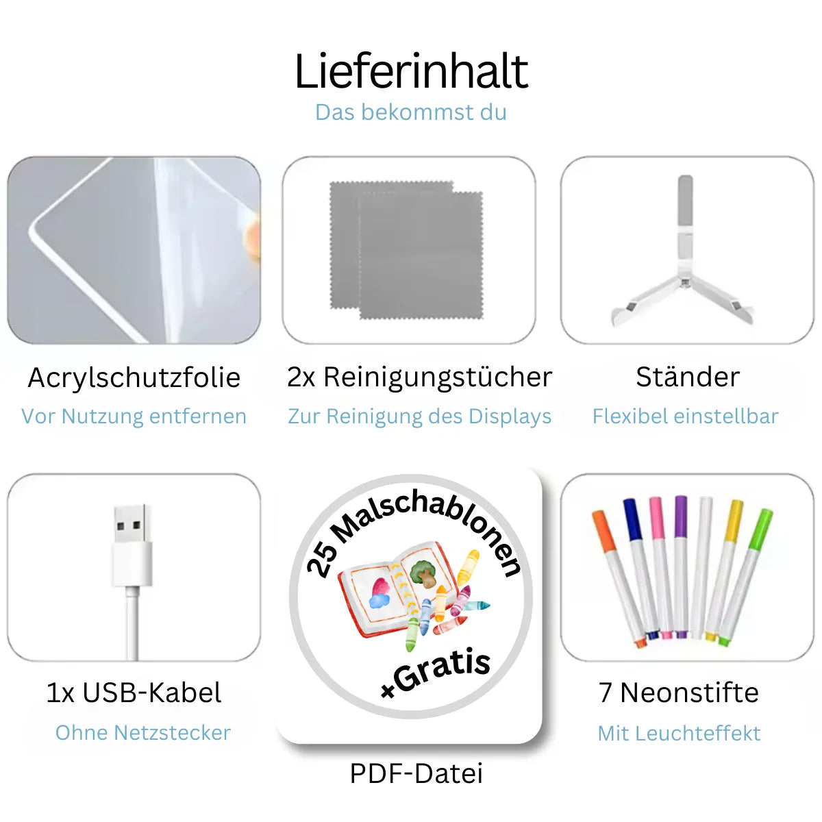Tableau lumineux LED (incluant 7 stylos lumineux et 25 pochoirs)