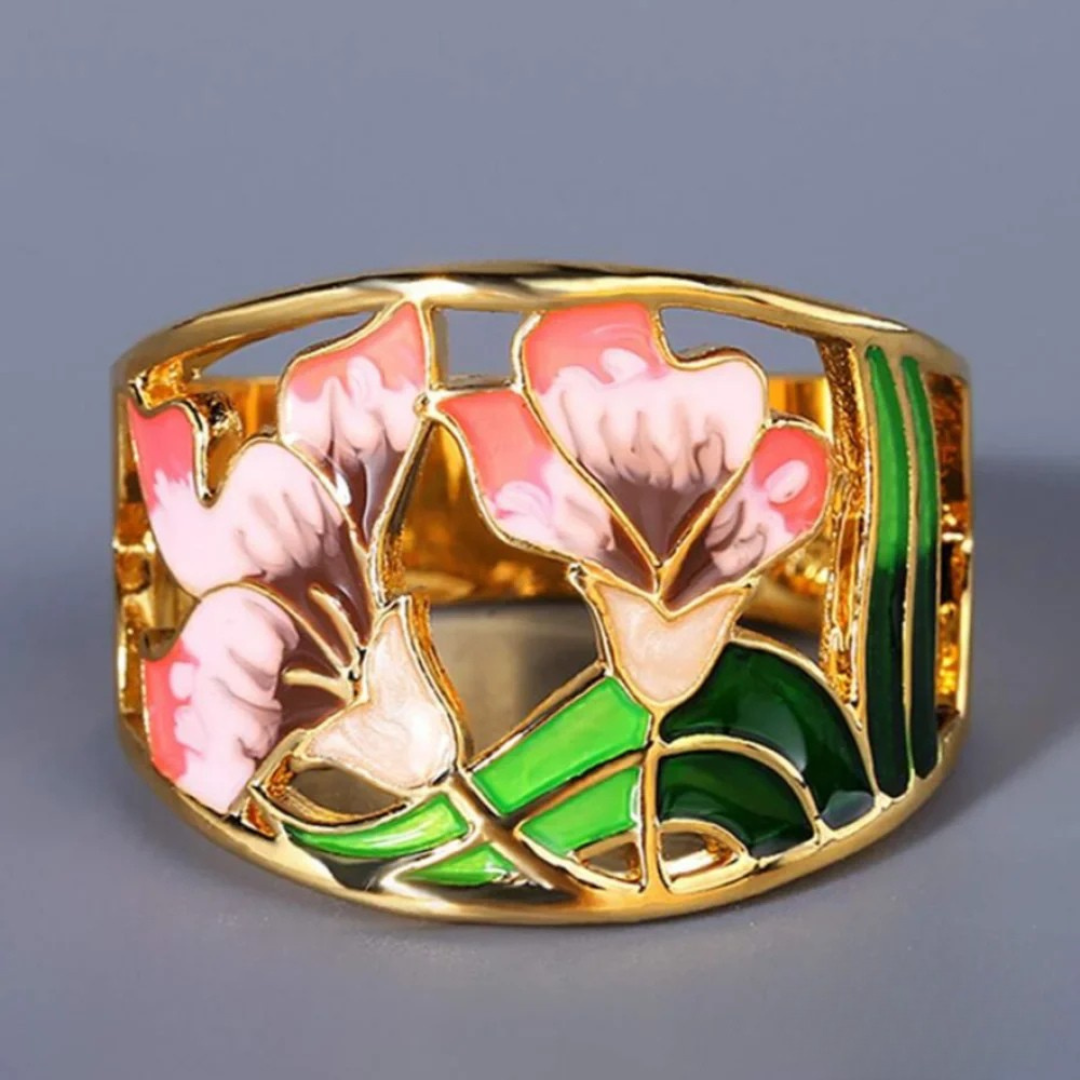 Bague vintage en émail doré avec fleurs