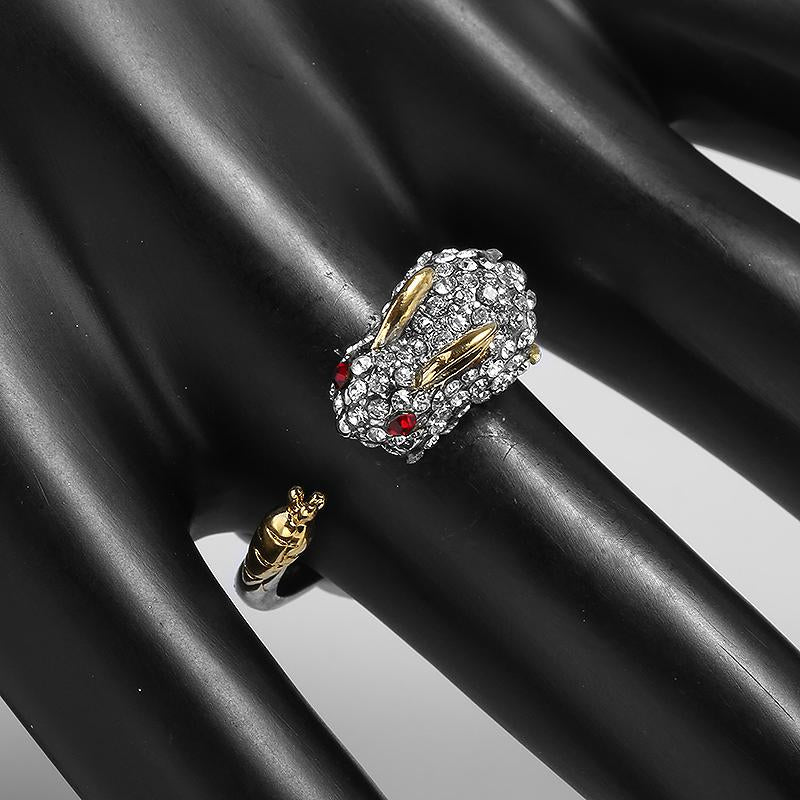 LEORA - Bague en argent ajustable avec lapin & carotte – ornée de cristaux scintillants