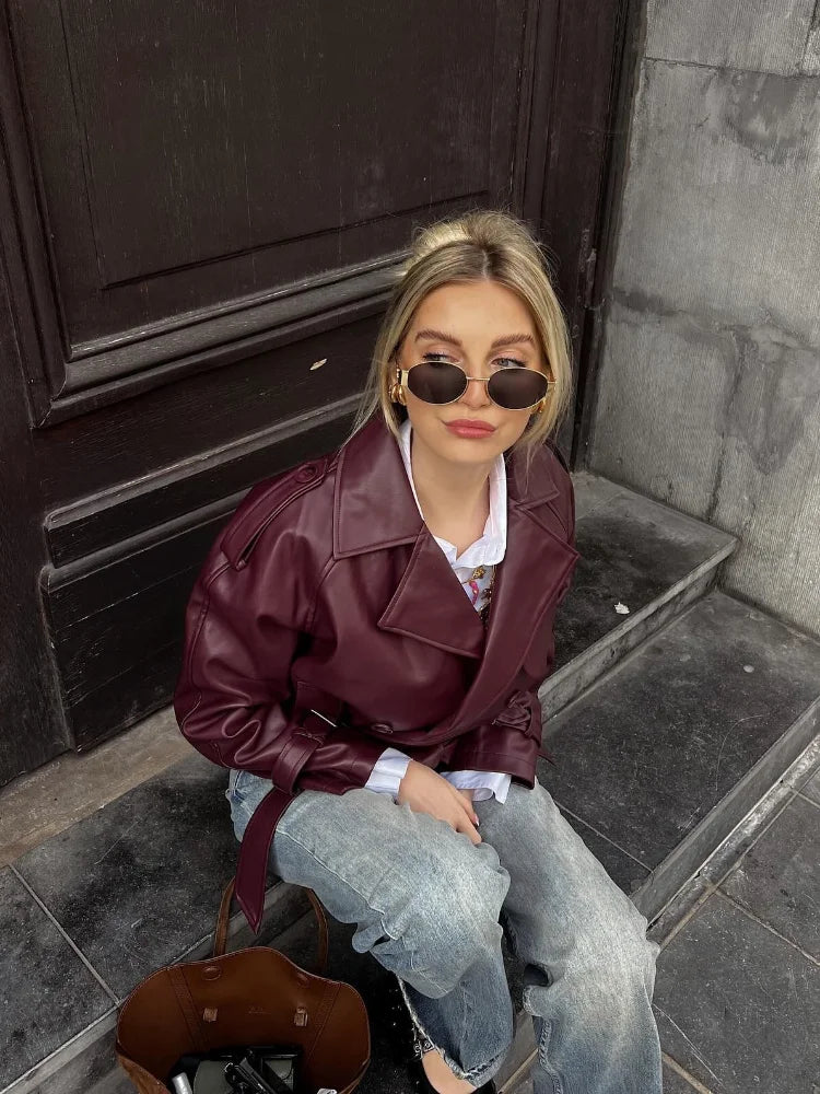 Yani - Veste en Cuir Droite Avec Ceinture