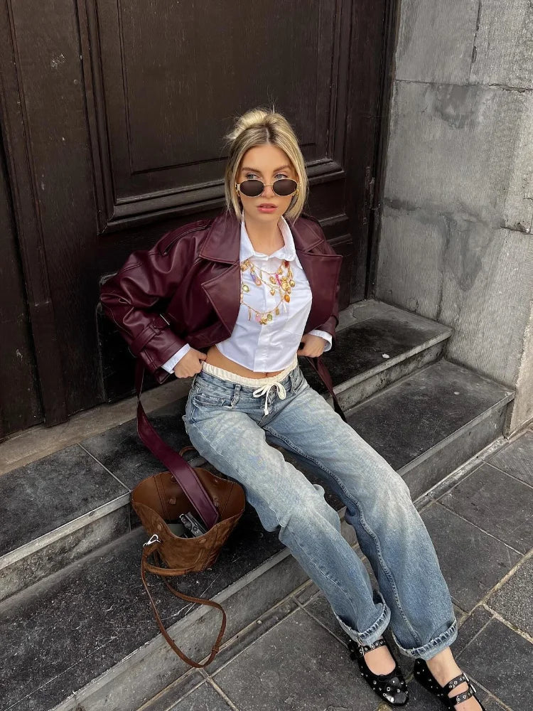 Yani - Veste en Cuir Droite Avec Ceinture