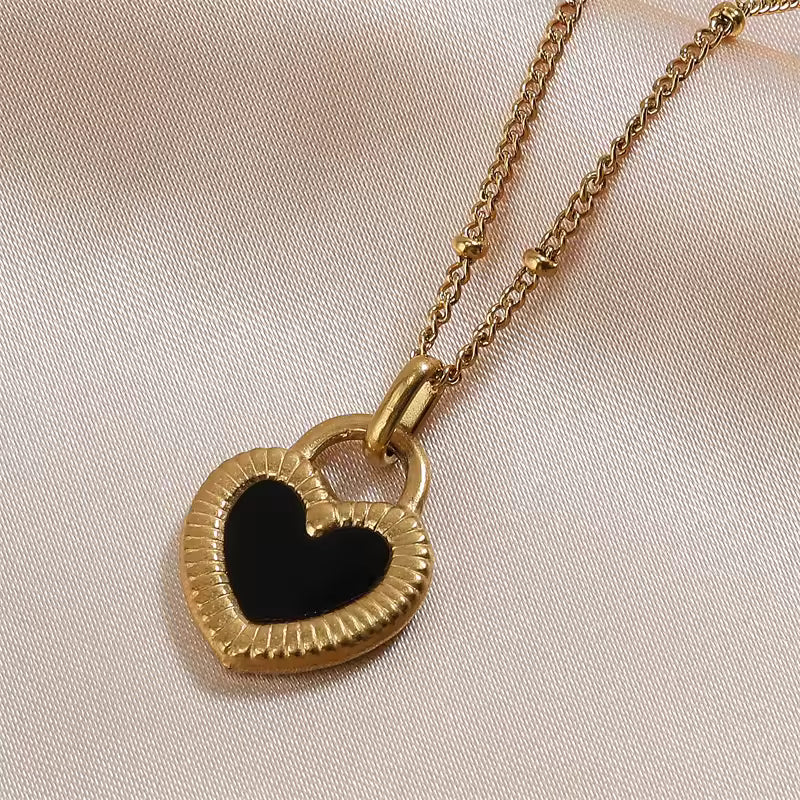 Collier Double Cœur Noir plaqué or 18K avec zircon