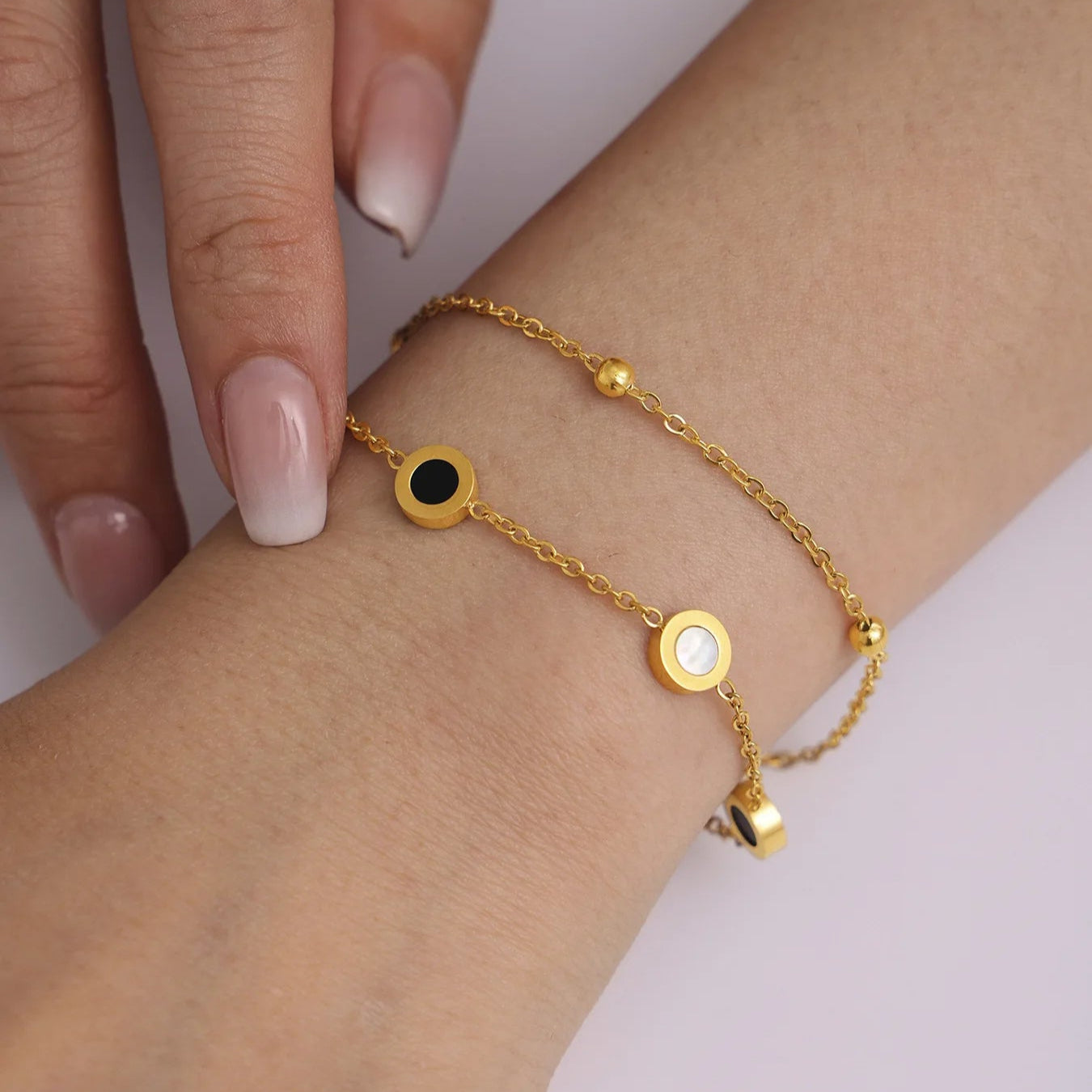 Bracelet Ronds Nacre Double Chaîne plaqué or 18K