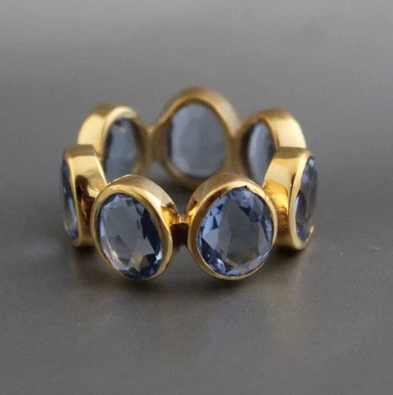 Bague vintage en verre bleu et or