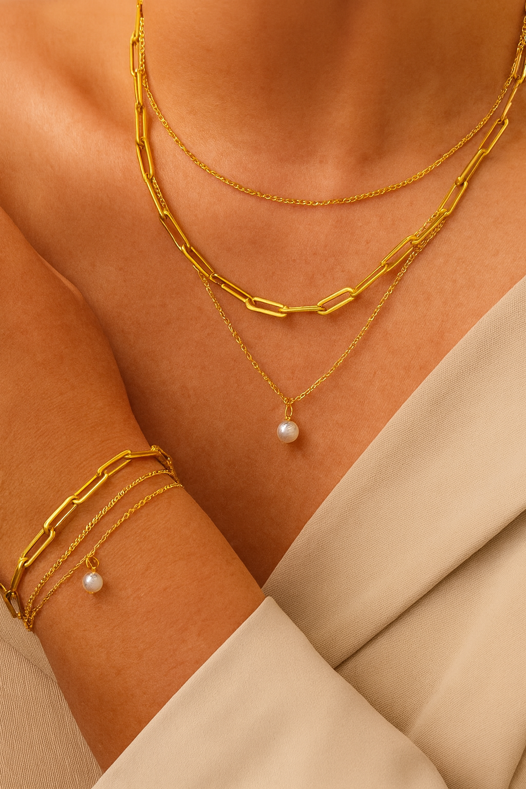 Ensemble Drielagige et Bracelet avec Perle | Or