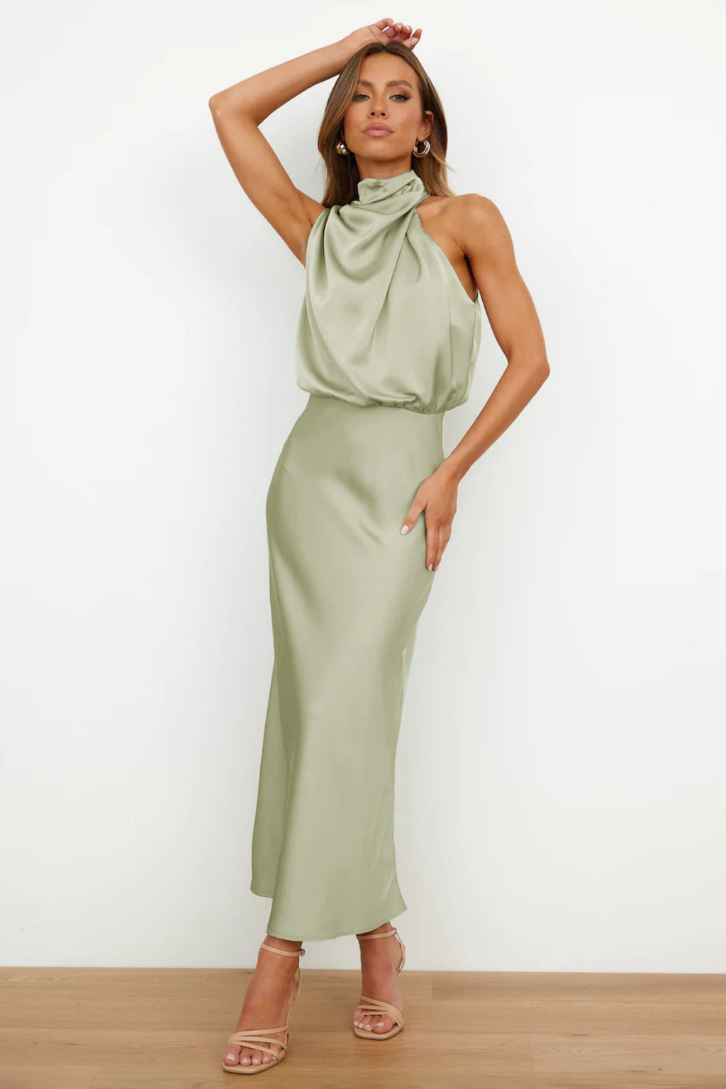 Carlina | Long Satin Dress with Halter Neckline