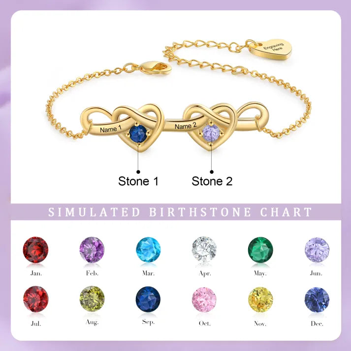 Bracelet 2 Prénoms Personnalisés avec 2 Pierres de Naissance Bracelet Personalisable pour Femme