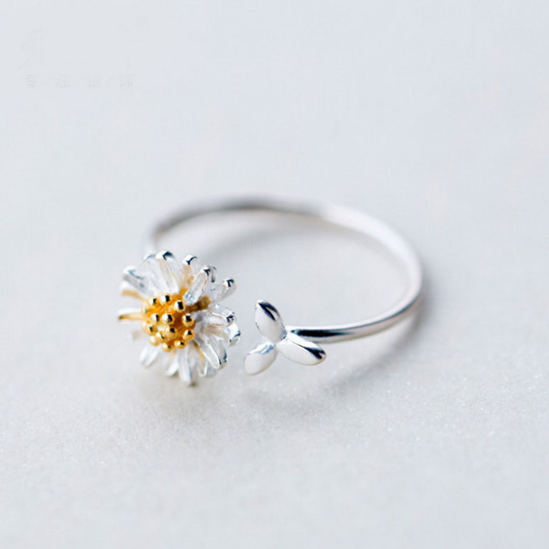 Bague réglable en argent 925 avec marguerite peinte à la main