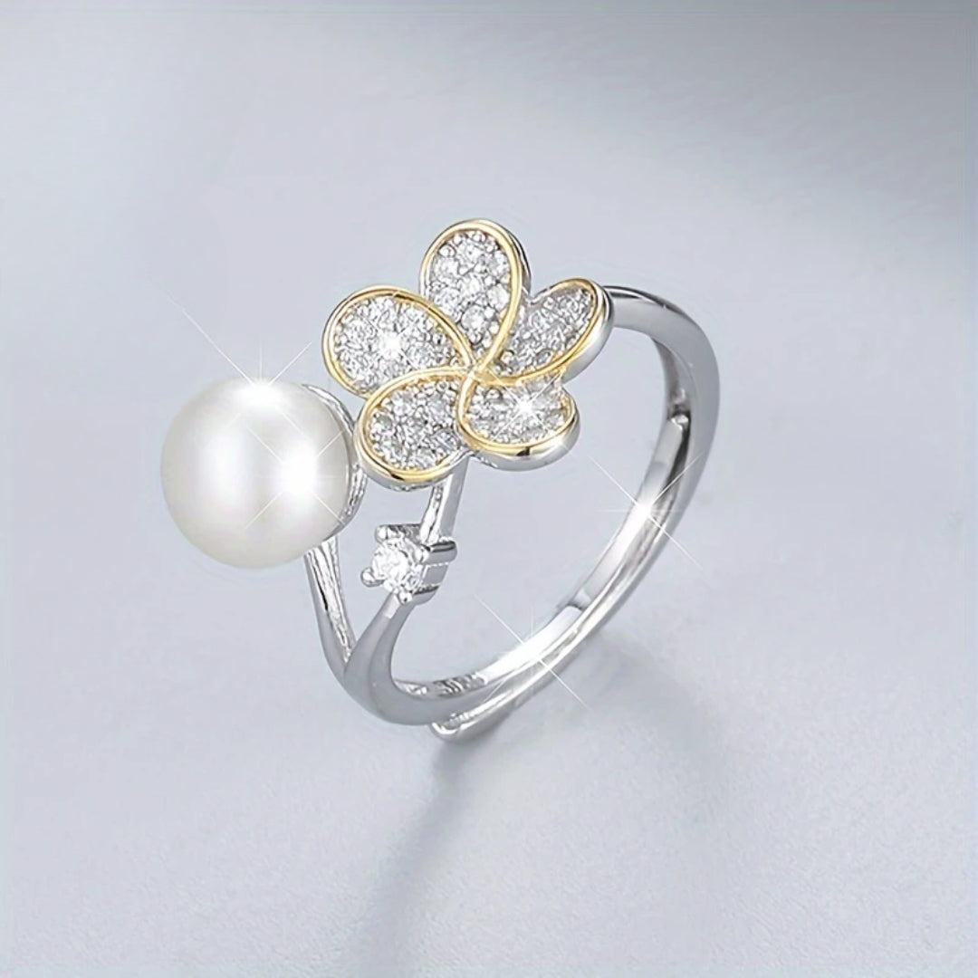 Bague en argent scintillante avec perle et fleur
