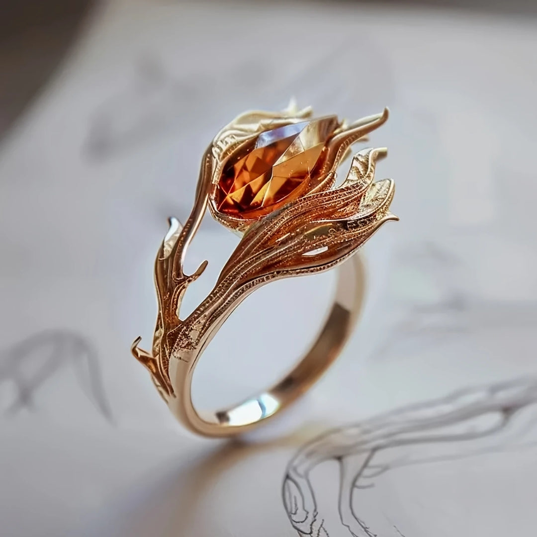 Bague en cristal orange exotique doré