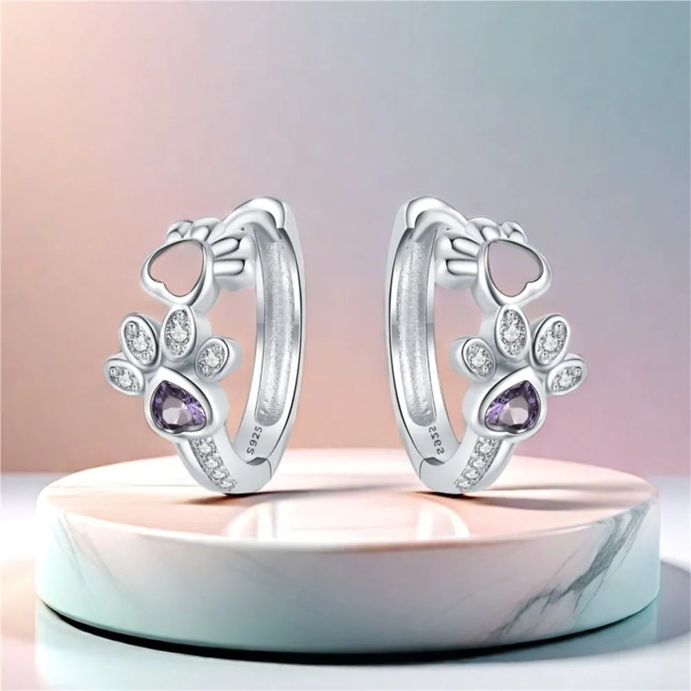 Boucles d'oreilles Paw Huggie en argent 925 - avec zircon et bijou en forme de cœur - Aigle