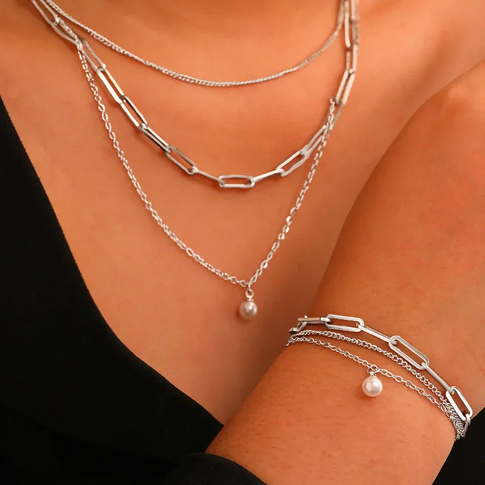 Collier & Bracelet en Argent à Trois Couches avec Perle Set