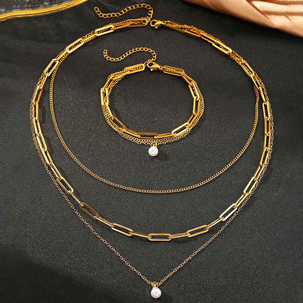 Ensemble Drielagige et Bracelet avec Perle | Or