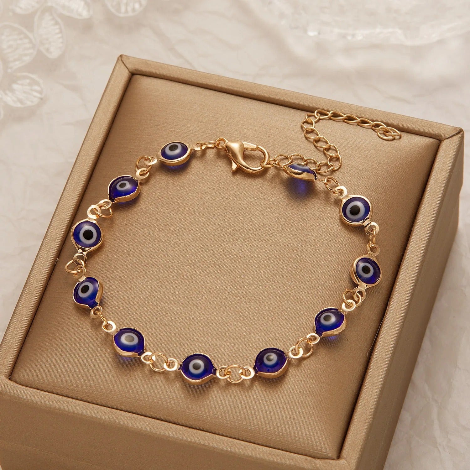 Bracelet Ajustable Œil Bleu Porte-Bonheur plaqué or 18K avec zircon